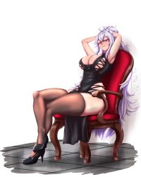 Rule 34 | 1girl, absurdres, armpits, arms up, azur lane, black dress, commission, crossed legs, dress, graf zeppelin (azur lane), high heels, highres, icendor2000, looking at viewer, self-upload, sitting, thighhighs, thighs, white hair