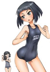 Rule 34 | 2girls, black hair, black one-piece swimsuit, blunt bangs, blunt ends, blush, bob cut, camcorder, closed mouth, commentary, covered navel, curly hair, frown, girls und panzer, green eyes, highres, leaning forward, looking at another, looking back, multiple girls, name tag, nishihara yasoko, old school swimsuit, one-piece swimsuit, recording, school swimsuit, short hair, simple background, solokov (okb-999), standing, swept bangs, swimsuit, teramoto tomiko, translated, v-shaped eyebrows, video camera, white background