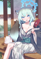 Rule 34 | 1girl, aeon ion, animal ears, bath yukata, blue archive, blush, breasts, cleavage, collarbone, commentary, drooling, grey kimono, hair between eyes, halo, hand fan, heart, highres, japanese clothes, kimono, looking at viewer, medium breasts, mouth drool, off shoulder, official alternate costume, open mouth, purple eyes, saliva, shigure (blue archive), shigure (hot spring) (blue archive), sitting, smile, solo, weasel ears, yukata