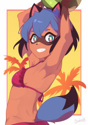 Rule 34 | 1girl, :d, animal ears, armpits, ball, bikini, blue hair, body fur, brand new animal, darahan, female focus, furry, furry female, grin, holding, holding ball, kagemori michiru, open mouth, playing sports, raccoon ears, raccoon girl, raccoon tail, short hair, smile, solo, swimsuit, tail, teeth, upper body, volleyball, volleyball (object)
