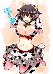 Rule 34 | 10s, 1girl, animal ears, animal print, arm warmers, bell, neck bell, black hair, blush, breasts, brown eyes, cleavage, collar, cow ears, cow print, elbow gloves, gloves, headset, idolmaster, idolmaster cinderella girls, large breasts, midriff, muruaka, navel, oikawa shizuku, open mouth, revision, short hair, skirt, solo