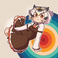 Rule 34 | 1girl, armband, bird girl, bird wings, blonde hair, blush, brown dress, collared shirt, dress, extra ears, frilled dress, frills, goggles, goggles on head, grey hair, hair between eyes, head wings, highres, kemono friends, kemono friends 3, long sleeves, multicolored hair, necktie, northern white-faced owl (kemono friends), official alternate costume, orange eyes, owl ears, owl girl, red necktie, shirt, sidelocks, smile, solo, sorairo meronpan, suspenders, white hair, white shirt, wings