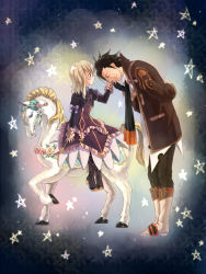Rule 34 | 1boy, 1girl, alvin (tales), bad id, bad pixiv id, blonde hair, bowing, brown hair, dress, elize lutus, facial hair, gradient background, height difference, hetero, horse, kiss, kissing hand, sitting, smile, star (symbol), tales of (series), tales of xillia, tenguu rio
