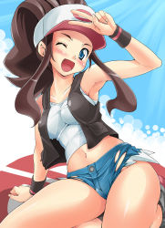 Rule 34 | 10s, 1girl, :d, arm support, armpits, bad id, bad pixiv id, bare shoulders, blue eyes, blush, breasts, brown hair, creatures (company), cutoffs, denim, denim shorts, endou masatoshi, game freak, happy, hat, highres, hilda (pokemon), kneeling, long hair, looking at viewer, medium breasts, midriff, navel, nintendo, no panties, one eye closed, open mouth, pants, pokemon, pokemon bw, ponytail, shiny skin, shirt, short shorts, shorts, smile, solo, tank top, thighs, tight clothes, tight pants, tight shirt, v, vest, wink, wristband