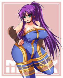 Rule 34 | 1girl, afuro, bare shoulders, breasts, cosplay, covered erect nipples, faris scherwiz, female focus, final fantasy, final fantasy v, green eyes, large breasts, long hair, monk, monk (fft), open mouth, ponytail, purple hair, solo, sweat