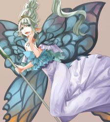 Rule 34 | 1girl, :d, blue wings, butterfly wings, dress, fairy, final fantasy, final fantasy xiv, floating hair, flower, hair between eyes, hair flower, hair ornament, hand up, highres, holding, holding staff, insect wings, jewelry, long hair, looking at viewer, necklace, ojiki, open mouth, pointy ears, silver hair, smile, solo, staff, teeth, tiara, titania (final fantasy), white dress, wings