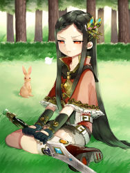 Rule 34 | 1girl, bad id, bad pixiv id, belt, black hair, rabbit, butterfly hair ornament, capelet, fingerless gloves, gloves, grass, hair ornament, highres, kimijima0301, kimijima (kimijima0301), long hair, orange eyes, original, pout, sitting, solo, sword, wariza, weapon