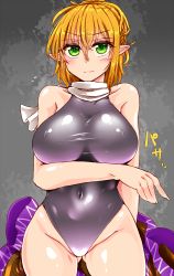 Rule 34 | 1girl, alternate costume, bare shoulders, black one-piece swimsuit, blonde hair, blush, breasts, covered navel, female focus, green eyes, highres, large breasts, looking at viewer, mizuhashi parsee, one-piece swimsuit, pointy ears, roki (hirokix), scarf, short hair, sketch, solo, swimsuit, touhou