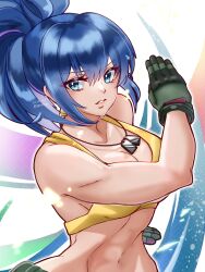 Rule 34 | 1girl, absurdres, bare shoulders, blue eyes, blue hair, breasts, dog tags, earrings, gloves, highres, jewelry, leona heidern, muscular, muscular female, navel, nmkpsho, ponytail, sleeveless, snk, soldier, solo, tank top, the king of fighters, the king of fighters xv, triangle earrings, twisted torso, yellow tank top