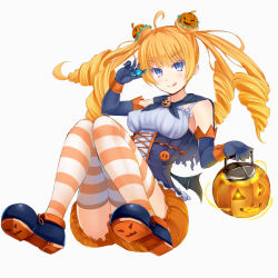 Rule 34 | 1girl, :q, bat wings, black gloves, bloomers, blue eyes, blush, breasts, candy, capelet, character request, double bun, drill hair, elbow gloves, food, gloves, hair bun, irohara, jack-o&#039;-lantern, long hair, looking at viewer, low wings, official art, orange bloomers, simple background, solo, striped clothes, striped thighhighs, tentacles tactics, thighhighs, tongue, tongue out, underwear, white background, wings