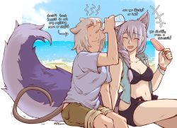 Rule 34 | 2girls, animal ears, arknights, breasts, cleavage, closed eyes, dlanon, drinking, english text, food, large tail, long hair, mouse ears, mouse tail, multiple girls, popsicle, provence (arknights), pun, purple hair, scavenger (arknights), shirt, shorts, silver hair, t-shirt, tail, wolf ears, wolf tail
