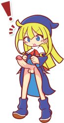Rule 34 | !, 1girl, blonde hair, blue eyes, clothes lift, erection, furii, futanari, hat, highres, lifted by self, looking at penis, navel, no panties, penis, puyopuyo, sega, shoes, simple background, skirt, skirt lift, solo, standing, surprised, testicles, transformation, white background, witch, witch (puyopuyo), witch hat