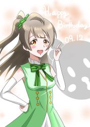 Rule 34 | 1girl, artie (4rtie28), artist name, artist request, bare shoulders, blush, bow, breasts, brown eyes, brown hair, dress, elbow sleeves, female focus, green bow, green dress, green neckwear, grey hair, hand on own hip, highres, light brown hair, long hair, love live!, love live! school idol festival, love live! school idol project, medium breasts, minami kotori, parted lips, smile, solo, start:dash!!, striped, striped bow