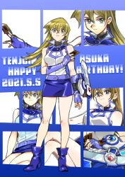 Rule 34 | 1girl, 203wolves, ankle boots, bare shoulders, belt, belt skirt, blonde hair, blue footwear, blue skirt, boots, breasts, card, character name, commentary request, duel academy uniform (yu-gi-oh! gx), duel disk, elbow gloves, fingerless gloves, full body, gloves, highres, holding, long hair, looking at viewer, medium breasts, miniskirt, multiple views, shiny clothes, simple background, skirt, sleeveless, smile, standing, tenjouin asuka, thighs, uniform, yellow eyes, yu-gi-oh!, yu-gi-oh! gx