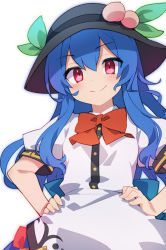 Rule 34 | 1girl, black hat, blouse, blue hair, blush, closed mouth, collared shirt, commission, food, fruit, hair between eyes, hands on own hips, hat, hinanawi tenshi, long hair, peach, pixiv commission, red eyes, shirt, simple background, smile, solo, stroma, touhou, white background, white shirt