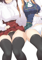 Rule 34 | 2girls, anne (shingeki no bahamut), black legwear, black panties, blonde hair, breasts, brown hair, clothes lift, granblue fantasy, grea (shingeki no bahamut), head out of frame, highres, large breasts, lifting own clothes, long hair, manaria friends, momio, multiple girls, panties, princess connect!, shadowverse, shingeki no bahamut, short hair, skirt, skirt lift, thighhighs, underwear, white background, white panties
