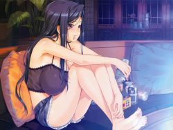 Rule 34 | 1girl, absurdres, alcohol, ass, bare shoulders, barefoot, beer, beer can, blue hair, blush, breast press, breasts, camisole, can, classy cranberry&#039;s, cleavage, couch, crop top, cutoffs, denim, denim shorts, drink can, feet, food in mouth, happoubi jin, highres, huge breasts, huge filesize, legs, light smile, long hair, oze kyouka, pillow, purple eyes, short shorts, shorts, sitting, smile, soles, solo, thighs, toes