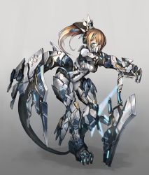 Rule 34 | 1girl, absurdres, armor, blonde hair, blue eyes, female focus, full body, glowing, greatsword, grey background, highres, leaning forward, leaning on weapon, mask, mouth mask, original, planted, ponytail, power armor, science fiction, simple background, solo, sword, tail, toksa.k, weapon