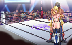 Rule 34 | 1girl, asphyxiation, audience, blonde hair, blue eyes, blush, boots, breasts, breasts out, after rape, cleft of venus, cross-laced footwear, embarrassed, feet, fingerless gloves, from above, gloves, groin, highres, humiliation, large breasts, legs, light, long hair, mask, navel, nipples, nose blush, open mouth, original, public indecency, pussy, pussy juice, rape, standing, tekkyuu, thighhighs, thighs, toned, wet, wrestling, wrestling outfit, wrestling ring