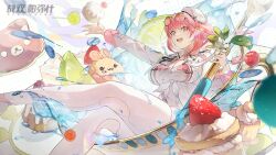 Rule 34 | alternate costume, apple, artist request, ayla (punishing: gray raven), bear, birthday, cake, cherry, cup, dress, flower, food, fruit, happy birthday, hat, highres, holding, holding spoon, lime (fruit), looking at viewer, official alternate costume, official art, pink eyes, pink hair, pudding, punishing: gray raven, rabbit, ribbon, sitting, smile, spoon, strawberry, strawberry shortcake, sunglasses, teacup, water
