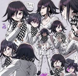 Rule 34 | 1boy, aoki (fumomo), black hair, blood, buttons, chair, checkered clothes, checkered neckwear, checkered scarf, collarbone, commentary request, danganronpa (series), danganronpa v3: killing harmony, double-breasted, grey background, hair between eyes, hand up, long sleeves, looking at viewer, male focus, open mouth, oma kokichi, pink blood, pink eyes, purple eyes, scarf, shaded face, short hair, sitting, smile, sweat, tears, teeth, translation request, upper body, upper teeth only