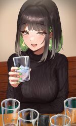 Rule 34 | 1girl, black hair, black sweater, breasts, brown eyes, cellphone, colored inner hair, commentary, cup, earrings, english commentary, fingernails, green hair, green nails, hair intakes, highres, holding, holding cup, jewelry, lips, long sleeves, looking at viewer, medium breasts, miru (ormille), mole, mole under eye, multicolored hair, nail polish, open mouth, original, ormille, phone, pink lips, ribbed sweater, short hair, smile, solo, sweater, table, teeth, turtleneck, turtleneck sweater, two-tone hair, upper teeth only, water