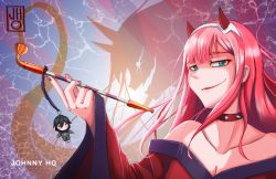 Rule 34 | 10s, 1girl, bad id, bad pixiv id, breasts, cleavage, collar, collarbone, commentary request, darling in the franxx, fringe trim, green eyes, hair ornament, hairband, hiro (darling in the franxx), horns, japanese clothes, jhocircle, kimono, long hair, looking at viewer, oni horns, pink hair, red horns, red kimono, signature, smile, smoking pipe, solo, spiked collar, spikes, white hairband, zero two (darling in the franxx)
