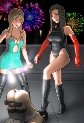 Rule 34 | 1boy, 2girls, anal, anal object insertion, bdsm, black footwear, black hair, black leotard, blonde hair, bondage, boots, bound, breasts, censored, cleavage, dress, elbow gloves, enkaboots, closed eyes, femdom, fireworks, gloves, green dress, high heel boots, high heels, highres, humbler, large breasts, latex, latex gloves, leotard, long hair, multiple girls, night, object insertion, outdoors, penis, short dress, sleeveless leotard, stepped on, thigh boots, thighhighs, top-down bottom-up, zettai ryouiki