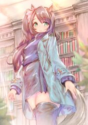 Rule 34 | 1girl, animal ears, black hair, black thighhighs, blue coat, blue sweater, casual, coat, from below, green eyes, grey skirt, horse ears, horse girl, horse tail, long hair, looking to the side, satono crown (umamusume), side ponytail, skirt, smile, solo, sweater, tail, thighhighs, umamusume, usapenpen2019, zettai ryouiki