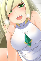 Rule 34 | 1girl, :d, alternate breast size, bare arms, bare shoulders, blonde hair, blush, breasts, collarbone, creatures (company), dress, game freak, gem, green eyes, hair over one eye, heavy breathing, highres, implied sex, large breasts, long hair, looking at viewer, lusamine (pokemon), nintendo, nishi koutarou, open mouth, pokemon, pokemon sm, sleeveless, sleeveless dress, smile, solo, sweat, taut clothes, taut dress, teeth, very long hair, white dress