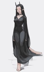 Rule 34 | 1girl, absurdres, bad id, bad pixiv id, barefoot, black dress, black hair, black horns, choker, commission, dress, grey background, highres, horns, long hair, looking at viewer, luimiart, original, pointy ears, simple background, solo, tail, walking, white background, yellow eyes
