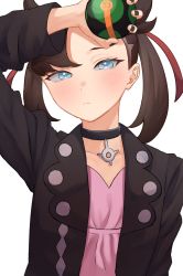 Rule 34 | 1girl, absurdres, arm up, asymmetrical bangs, black choker, black jacket, black nails, blue eyes, blush, brown hair, choker, closed mouth, collarbone, commentary request, creatures (company), dress, dusk ball, game freak, hair ribbon, highres, holding, holding poke ball, jacket, kottonmouth, looking at viewer, marnie (pokemon), medium hair, nail polish, nintendo, open clothes, open jacket, pink dress, poke ball, pokemon, pokemon swsh, red ribbon, ribbon, solo, upper body