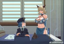 2girls bare_shoulders blonde_hair blue_eyes blue_hair book breasts cleavage colorado_(warship_girls_r) desk hat horns indoors large_breasts le_fantasque_buhuijiashuai looking_at_another midriff military military_hat multiple_girls navel necktie office paper peaked_cap short_hair warship_girls_r weibo_logo weibo_watermark