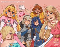 Rule 34 | 1other, 6+girls, blonde hair, blue dress, blue eyes, blue hair, breasts, brown hair, corrin (female) (fire emblem), corrin (fire emblem), crown, dress, earrings, elf, fire emblem, fire emblem awakening, fire emblem fates, flat chest, flower earrings, gloves, grin, heart, jewelry, kirby, kirby (series), long hair, looking at viewer, lucina (fire emblem), mario (series), md5 mismatch, medium breasts, multiple girls, necklace, nintendo, one eye closed, orange dress, pink dress, pointy ears, princess daisy, princess peach, princess zelda, resolution mismatch, rosalina, small breasts, smile, source smaller, spoken heart, super mario bros. 1, super mario galaxy, super mario land, super smash bros., the legend of zelda, the legend of zelda: a link between worlds, tiara, triforce earrings, vinnie cha, waving, white hair, wink