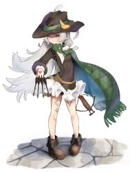 Rule 34 | 1girl, arrow (projectile), azur lane, bow (weapon), brown footwear, brown headwear, crossbow, full body, green poncho, grey hair, hand tattoo, highres, holding, holding arrow, holding crossbow, holding weapon, leg tattoo, long hair, long sleeves, looking at viewer, mole, mole under eye, official alternate costume, parted lips, poncho, roli7946, simple background, solo, standing, tattoo, weapon, white background, yellow eyes, z46 (azur lane), z46 (the bard of hamelin) (azur lane)
