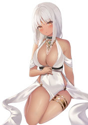 Rule 34 | 1girl, absurdres, azur lane, bare shoulders, blush, body markings, breasts, center opening, cocktail dress, dark skin, dress, evening gown, facial mark, forehead mark, gold choker, halter dress, halterneck, highres, large breasts, long hair, looking at viewer, massachusetts (azur lane), massachusetts (dressed to impress) (azur lane), nannann, native american, simple background, thighlet, white hair, yellow eyes