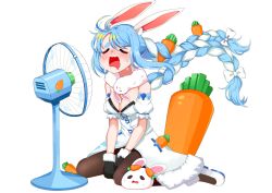 Rule 34 | 1girl, animal ear fluff, animal ears, black gloves, blue hair, bow, braid, breasts, carrot, carrot hair ornament, closed eyes, coat, detached sleeves, don-chan (usada pekora), drooling, electric fan, floating hair, food-themed hair ornament, fur trim, gloves, hair ornament, highres, hololive, kneeling, long hair, mouth drool, multicolored hair, pantyhose, pekomon (usada pekora), rabbit ears, rabbit girl, short eyebrows, short sleeves, small breasts, sweat, thick eyebrows, twin braids, two-tone hair, tyureu, usada pekora, usada pekora (1st costume), very long hair, virtual youtuber, white bow, white coat, white hair