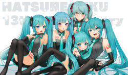 Rule 34 | 5girls, :d, :o, anniversary, aqua hair, aqua necktie, artist name, bare shoulders, black footwear, black legwear, blue hair, blush, boots, breasts, chest tattoo, cleavage, collared shirt, commentary, detached sleeves, elbow rest, fang, fingerless gloves, gloves, gotou (nekocat), grey shirt, hair ornament, hand on own chest, hands up, hatsune miku, heart, heart tattoo, highres, hug, knees up, light blue hair, long hair, looking at viewer, lying, medium breasts, multiple girls, multiple persona, necktie, open mouth, pleated skirt, sharp teeth, shirt, shoulder tattoo, sitting, skirt, small breasts, smile, tattoo, teeth, thigh boots, thighhighs, twintails, two-tone gloves, two-tone skirt, very long hair, vocaloid, zettai ryouiki