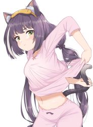 Rule 34 | 1girl, animal ear fluff, animal ears, black hair, blouse, blush, cat ears, cat girl, cat tail, clothes lift, clothing cutout, eye mask, green eyes, highres, holding, holding with tail, inconvenient tail, karyl (princess connect!), leaning forward, lifted by self, long hair, low twintails, navel, niizuka (c-drop), pajamas, pants, pink pajamas, pink pants, pink shirt, prehensile tail, princess connect!, shirt, shirt lift, simple background, solo, tail, tail through clothes, twintails, white background