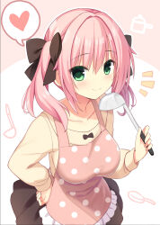 Rule 34 | 1girl, apron, black bow, black skirt, blush, bow, breasts, casual, closed mouth, collarbone, colored eyelashes, commentary request, cowboy shot, eyelashes, eyes visible through hair, frilled apron, frills, green eyes, hair between eyes, hair bow, half updo, hand on own hip, heart, highres, holding, holding ladle, ladle, large breasts, long sleeves, looking at viewer, medium hair, miniskirt, miyase mihiro, notice lines, pink apron, pink background, pink hair, polka dot, polka dot apron, shirt, simple background, skirt, smile, solo, speech bubble, spoken heart, twintails, utsunomiya tsumire, wagamama high spec, white background, yellow shirt