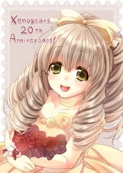 Rule 34 | 1girl, blush, bouquet, bow, collarbone, dress, drill hair, flower, gloves, green eyes, grey hair, hair bow, len togarti, long hair, looking at viewer, maria balthasar, open mouth, red flower, red rose, rose, smile, solo, wedding dress, xenogears, yellow bow