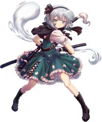 &gt;:( 1girl absurdres belt black_capelet black_footwear black_hairband boots capelet flower frilled_skirt frills game_cg green_skirt green_vest hairband highres holding holding_sword holding_weapon katana konpaku_youmu konpaku_youmu_(ghost) kumio non-web_source pink_flower scabbard sheath shirt skirt sword tachi-e touhou touhou_blooming_chaos v-shaped_eyebrows vest wakizashi weapon white_hair white_shirt