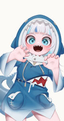 Rule 34 | 1girl, absurdres, animal costume, animal hood, appleblossomtea, blue eyes, blue hair, blue hoodie, blunt bangs, blush, claw pose, commentary, cowboy shot, fins, fish tail, gawr gura, gawr gura (1st costume), gradient sleeves, grey hair, highres, hololive, hololive english, hood, hood up, hoodie, legs apart, long hair, long sleeves, looking at viewer, multicolored hair, no pants, open mouth, shark costume, shark girl, shark hood, shark tail, sharp teeth, solo, streaked hair, tail, teeth, upper teeth only, virtual youtuber, wide sleeves