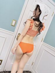 Rule 34 | 1girl, bikini, door, highres, orange bikini, photo (medium), shirosaki maria, swimsuit, white cap