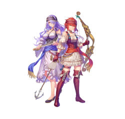 Rule 34 | 2girls, absurdres, anbe yoshirou, arrow (projectile), bare shoulders, boots, bow (weapon), braid, breasts, camilla (fire emblem), closed mouth, collarbone, commentary, dress, fire emblem, fire emblem fates, fire emblem heroes, frills, full body, gloves, hair over one eye, headband, highres, hinoka (fire emblem), holding, holding bow (weapon), holding sword, holding weapon, large breasts, long hair, looking at viewer, multiple girls, nintendo, official art, puffy short sleeves, puffy sleeves, purple hair, red eyes, red hair, shoes, short hair, short sleeves, simple background, smile, standing, sword, thigh boots, thigh strap, thighhighs, weapon, white background, zettai ryouiki