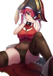 Rule 34 | 1girl, :q, absurdres, azusaec, black hat, black thighhighs, breasts, brown eyes, cleavage, covered navel, dated, eyepatch, gloves, hair between eyes, hand up, hat, highres, hololive, houshou marine, large breasts, leotard, leotard under clothes, looking at viewer, medium hair, naughty face, pirate hat, red hair, see-through, see-through cleavage, see-through leotard, simple background, sitting, solo, thighhighs, tongue, tongue out, virtual youtuber, white background, white gloves