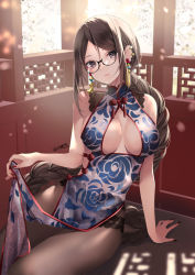 Rule 34 | 1girl, akatsuki hijiri, arm support, bare arms, bare shoulders, black-framed eyewear, braid, braided ponytail, breasts, brown eyes, brown hair, brown pantyhose, china dress, chinese clothes, cleavage, cleavage cutout, closed mouth, clothing cutout, cowboy shot, dappled sunlight, day, dress, ear piercing, earrings, embroidered legwear, fate/grand order, fate (series), fingernails, floral print, glasses, glint, hair between eyes, highres, holding, jewelry, large breasts, leaning to the side, long fingernails, long hair, looking at viewer, multiple piercings, nail polish, pantyhose, parted bangs, pelvic curtain, piercing, red nails, rose print, see-through, see-through dress, semi-rimless eyewear, sidelocks, single braid, sitting, sleeveless, sleeveless dress, solo, sunlight, tassel, tassel earrings, thighs, very long hair, yu mei-ren (fate), yu mei-ren (spare the idle talk) (fate)