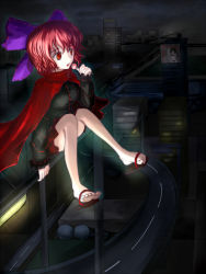 Rule 34 | 1girl, bare legs, bow, building, cape, city, cityscape, dango, eating, food, hair bow, highway, lights, long sleeves, night, night sky, open mouth, realdragon, red eyes, red hair, road, sandals, sekibanki, shoe dangle, short hair, sitting, skirt, sky, solo, touhou, wagashi