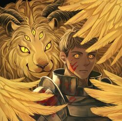 Rule 34 | 1boy, blonde hair, blood, blood on face, closed mouth, commentary request, dungeon meshi, extra eyes, feathered wings, glowing, glowing eyes, highres, horns, laios touden, lion, looking at viewer, male focus, monster, sasakura34, short hair, solo, undercut, upper body, very short hair, winged lion (dungeon meshi), wings, yellow background, yellow eyes, yellow wings
