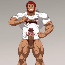 Rule 34 | 1boy, abs, bara, beard, bottomless, censored, censored by text, dark-skinned male, dark skin, erection, facial hair, fate/grand order, fate/zero, fate (series), full body, grin, highres, iskandar (fate), large pectorals, looking at viewer, male focus, male pubic hair, mature male, muscular, muscular male, nipples, official alternate costume, pectorals, penis, pointing, pointing at self, pubic hair, red eyes, red hair, shirako (kirupi), shirt, short hair, smile, solo, standing, thick eyebrows, veins, veiny penis, white shirt
